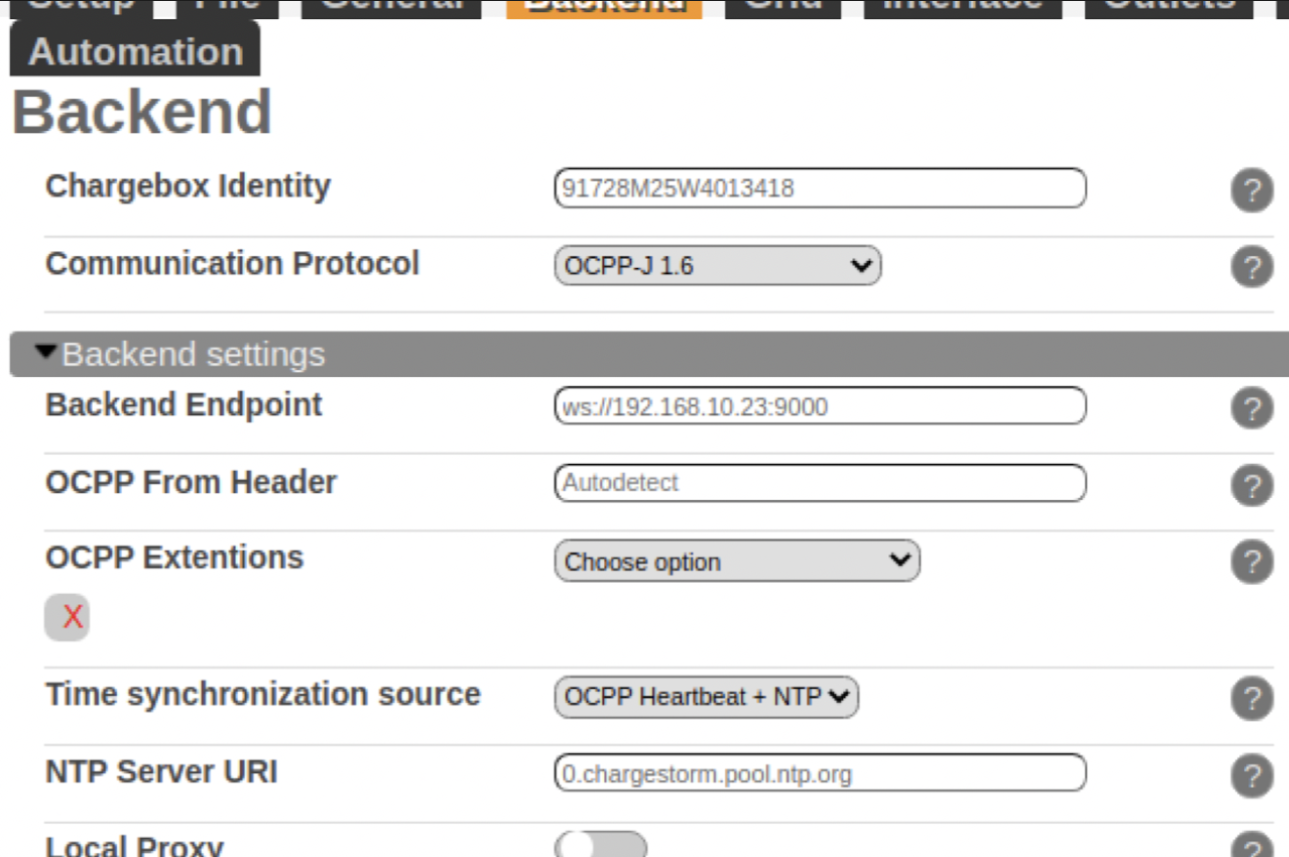 Backend-fliken med Communication Protocol och Backend Endpoint