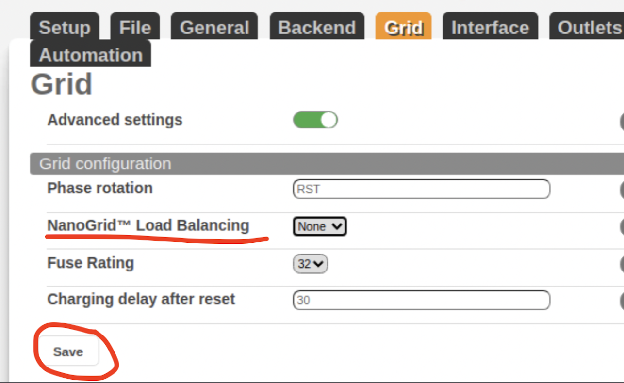 Grid-fliken med NanoGrid Load Balancing satt till None och Save-knappen markerad