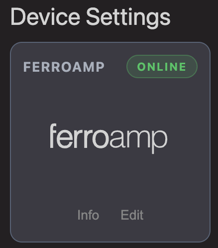 Ferroamp-kortet under 'Device Settings' i Gnister med status 'Online' och knapparna 'Info' och 'Edit'