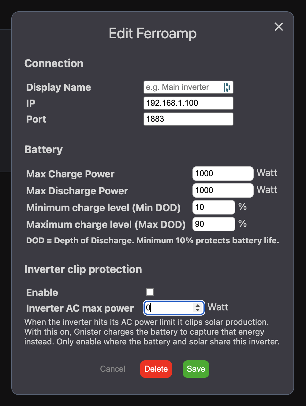 Dialogen 'Edit Ferroamp' i Gnister med inställningar för batteri och Inverter clip protection