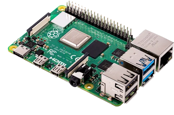 Raspberry Pi 4 Model B — kretskort med portar längs kanterna